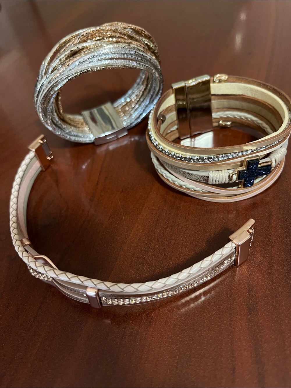 Multi-Strand Cream & Gold Leather Bracelet Set with Crystal Accents